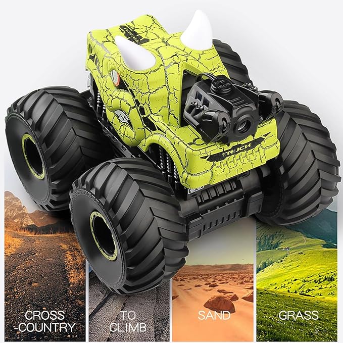 Threeking 1:18 Dinosaur RC Car Remote Control Cars Trucks Toy 4WD Off-Road Car Toys with Lights Spray Suitable for All Terrain Gifts Presents for Boys/Girls Ages 6+ Green