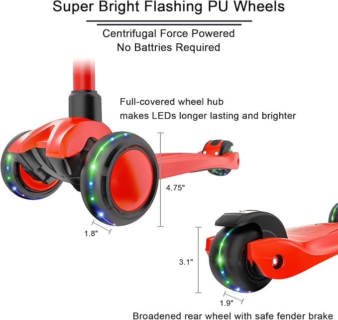 Allek Kick Scooter B03, Lean 'N Glide 3-Wheeled Push Scooter with Extra Wide PU Light-Up Wheels, Any Height Adjustable Handlebar and Strong Thick Deck for Children from 3-12yrs (Red)