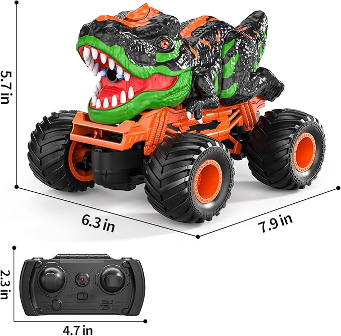 TEMI Remote Control T-rex Truck for Kids 3-5 Years, 1:24 Scale Monster Truck with Roar, Light and Mist Spray, High Speed Off Road Dinosaur Truck with Rechargeable Battery, Gift for Boys 3+