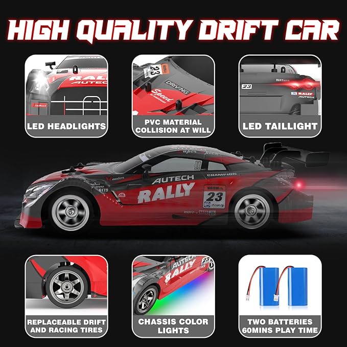 RC Drift Car 1:16, 2.4GHz 4WD Drifting RC Cars 30+KM/H High Speed Remote Control Car with LED Lights Two Batteries and Drift Tires, Race car for Adults Boys Kids, Red