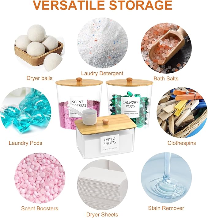 3+3 Pack laundry room organization - Dryer Sheet Holder, Laundry Pods Container, Clear Laundry Detergent Dispenser with Scoops Labels and Mesh Laundry Bags