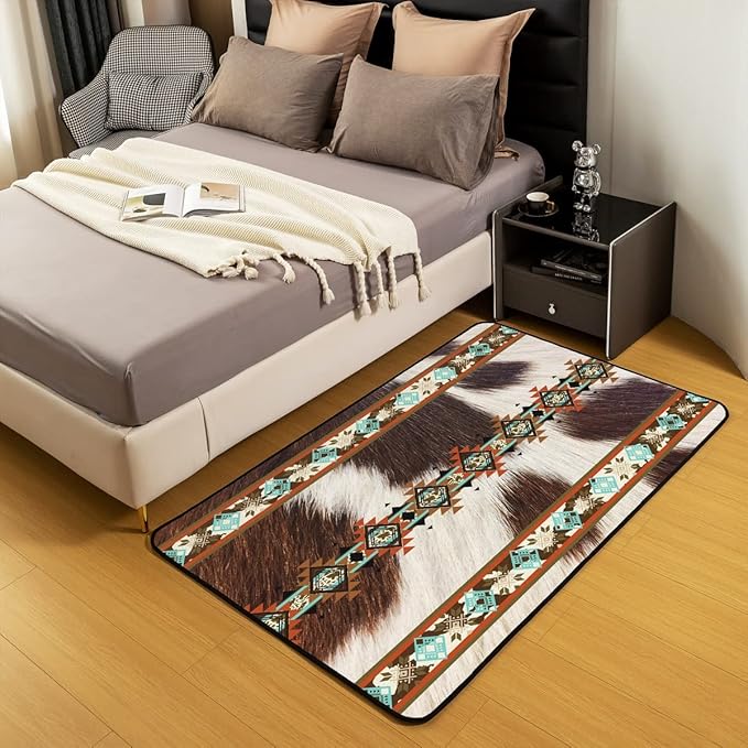 Erosebridal Cowhide Area Rug 5x6'6'', Brown Highland Cow Print Rug, Western Rug Exotic Aztec Carpet for Bedside, Farmhouse Wild Animals Longhorn Skin Cowboys Decorative Rug for Men