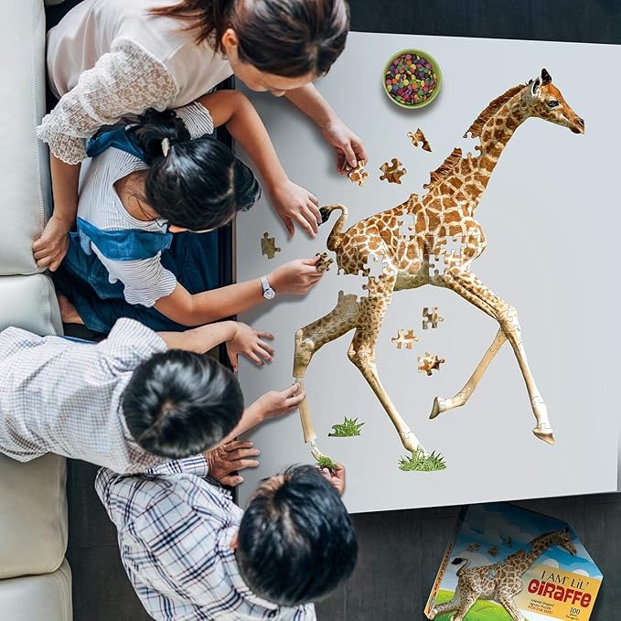 Madd Capp Lil' Giraffe 100 Piece Jigsaw Puzzle for Ages 5+ - 4002 - Unique Animal-Shaped Border, Poster Size When Completed, Oversized Puzzle Pieces for Easy Handling, Includes Educational Fun Facts