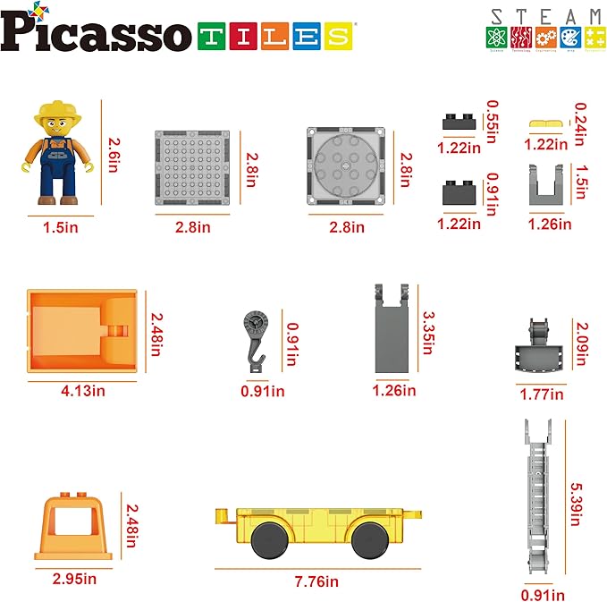 PicassoTiles Magnet Tile Building Blocks 3-in-1 Crane, Dump Truck, and Ladder Construction Vehicle Brick Compatible Magnetic Tiles Toy Set with Car Base Character Action STEM Learning Kit Age 3+ PTU03