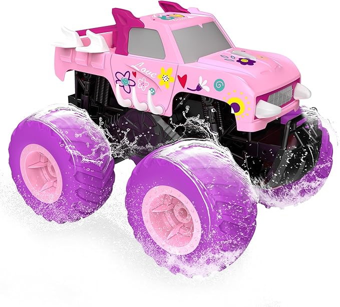 Threeking 1:16 Waterproof Pink RC Monster Truck Toys Amphibious Remote Control Car Pickup 4WD All-Terrain Toy Gift for Girls Ages 6 7 8 9 10 11 12 Durable Off-Road Fun for Indoor & Outdoor Play