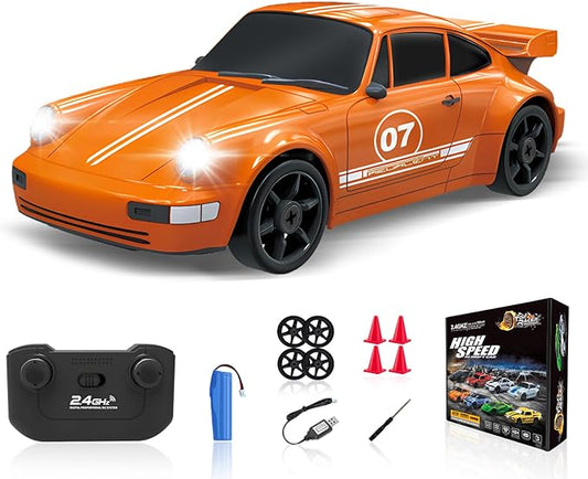 Remote Control RC Car for Boys - 1/24 2.4GHz 4WD Racing Drift Toy With Light, Rechargeable Battery and Drift Tires - Xmas Gift for Kids (Orange)