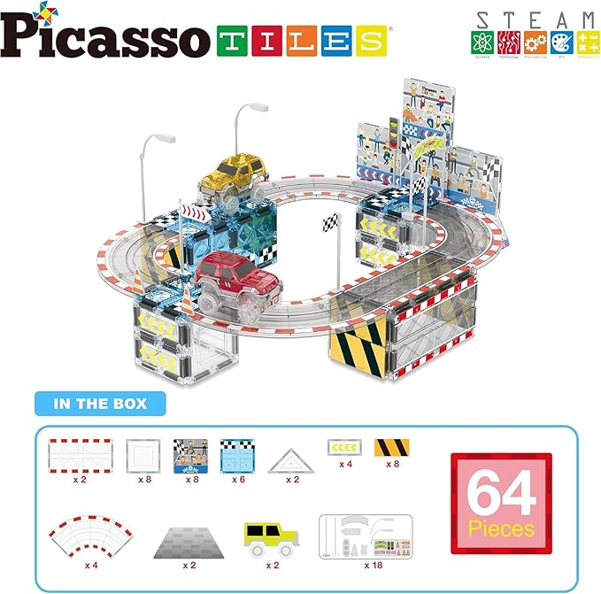 PicassoTiles Magnet Tile Race Car Track Construction Toy Blocks with 2 Trucks Accessory Street Sign Add-on Kit Magnetic Building Tiles Stadium Seat Playset STEAM Fine Motor Learning Kids Age 3+ PTQ05