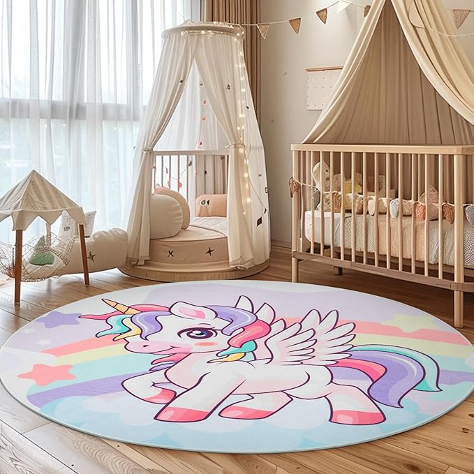 Round Rug for Kids Room Unicorn Circle Rugs for Bedroom Kids Rugs for Playroom Girls Cute Cartoon Carpet Living Room Dining Room Decor 40x40 inch