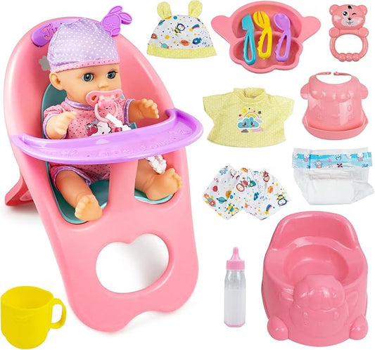 RedCrab Baby Doll Toys Set, Newborn Dolls PlaySet with High Chair Stroller Feeding,Tableware Set and Doll Clothes Accessories, 15+ pcs Toddler Pretend Play Gift Toys for Girls - 12" Dolls