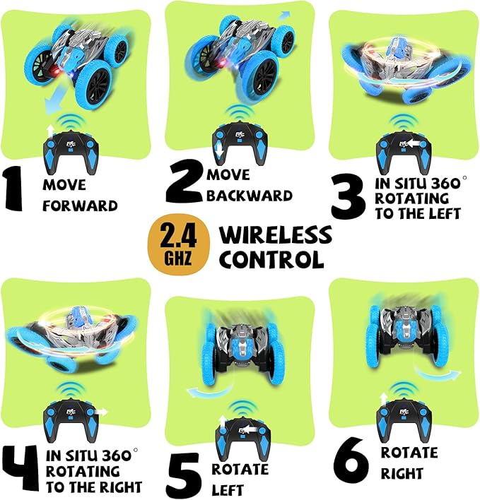 Remote Control Car, 360° Rotating RC Stunt Car with Lights and Spray, 2.4Ghz 4WD Double-Sided Driving RC Car Toys for Kids, Outdoor Dinosaur Truck Gift for Boys and Girls Age 4-7,8-12 (Blue)