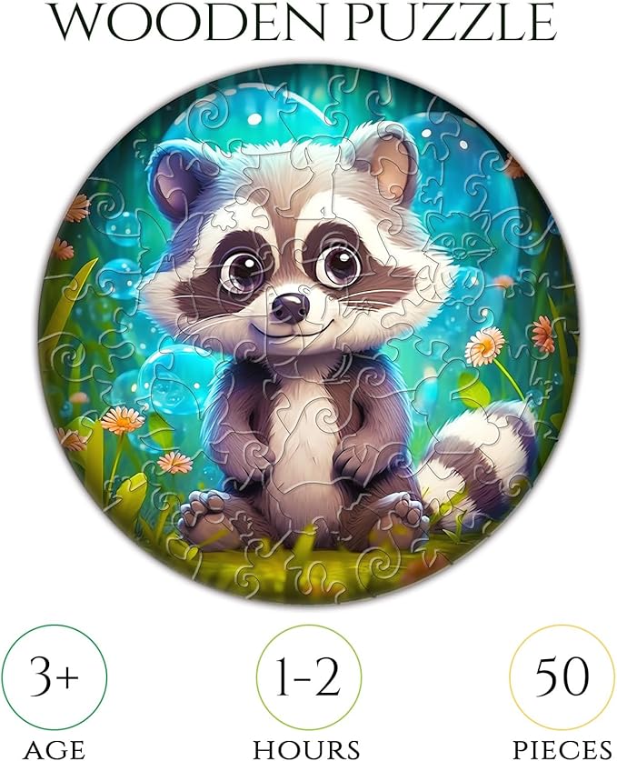 Easter Gifts for Kids Girls Boys, Easter Basket Stuffers, Wooden Jigsaw Puzzles for Kids Ages 4-6, 50 Piece Unique Shape Animal Theme Puzzle - Preschool Learning Educational Toys for Kid 3+ (Raccoon)