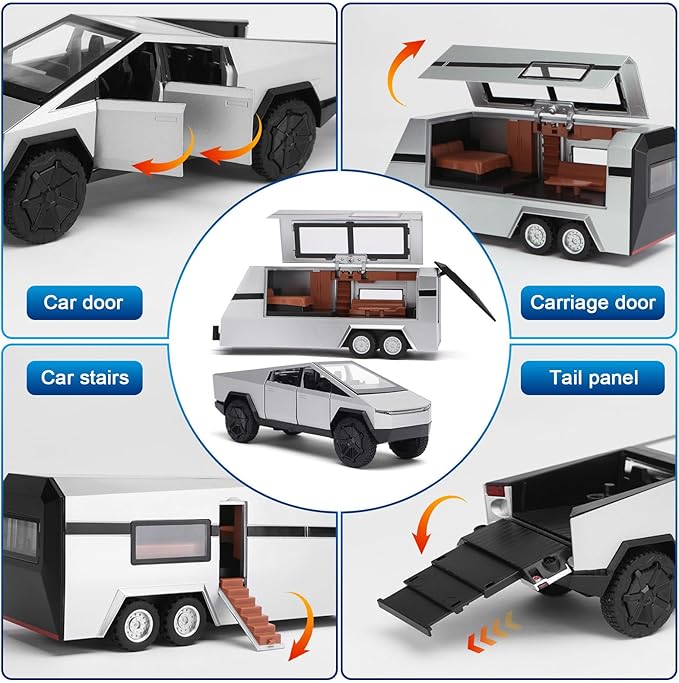 INGQU® Toy Car Alloy Diecast Pick-up Truck Model with RV & Motorcycle with Sound and Light Race Car Display Model Metal Pull-Back Vehicle 3-in-1 Camping Car Set Ideal Gift for Boys Kids Age for 3+