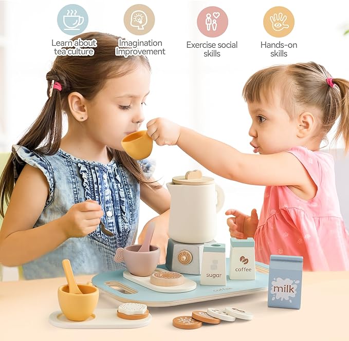 Wooden Tea Set for Little Girls and Boys | 18 PCS Kids Coffee & Tea Set for Toddlers | Pretend Play Toy with Silicone Accessories - Ideal Gift