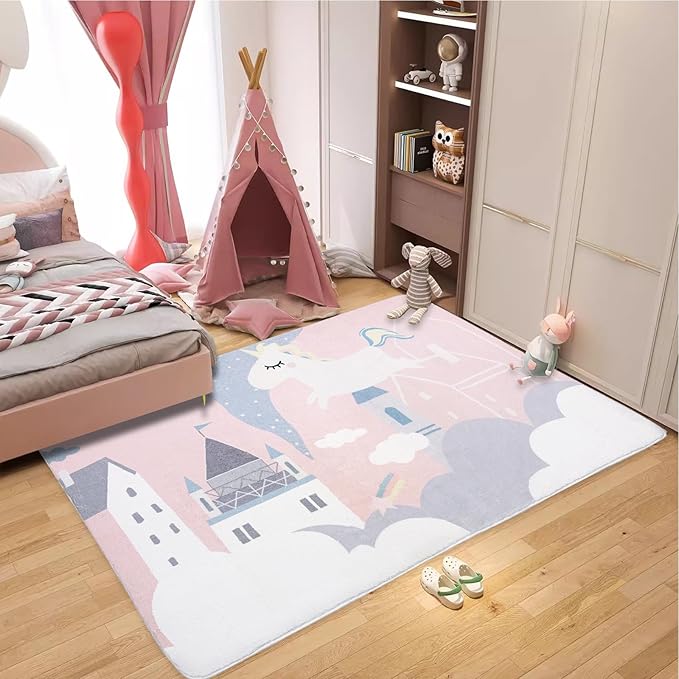ABREEZE Kids Rug Play Mat, Ultra Soft Pink Unicorn Nursery Rug, 5'x6.6', Non Slip for Kids Room, Baby, Bedroom, Playroom, Living Room