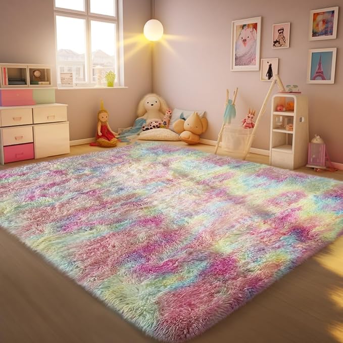 Ophanie Rainbow Colorful Rugs for Living Room 5x8, Unicorn Fluffy Shag Fuzzy Plush Soft Carpets, Floor Shaggy Area Rugs for Bedroom, Carpet for Kids Girls Dorm Nursery Home Decor Aesthetic