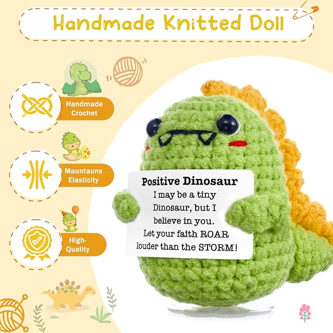 Funny Easter Basket Stuffers Positive Crochet Animals Dinosaur, Stress Relief Gifts for College Student Graduation Boyfriend Husband Women Birthday Desk Decor(Green Dinosaur)