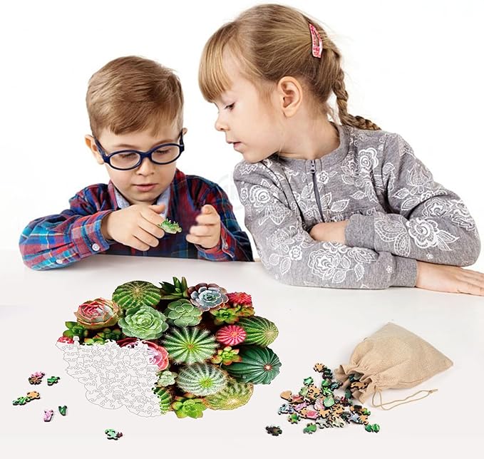 Ball Cactus Wooden Jigsaw Puzzle for Adult and Kids 300 Pcs Unique Shape Multicolor Wood Storage Box Fun Challenge Brain Teaser Family Game Creative Gift for Friends Rompecabezas Madera