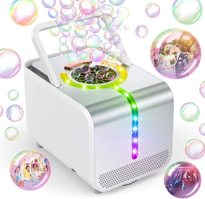 Bubble Machine - Durable Automatic Bubble Blower with LED Lights, Waterproof Motor Over 20,000 Bubbles/Minute, Perfect for Kids' Parties Indoor & Outdoor Fun - Plugin or Battery Powered - Sleek Silver