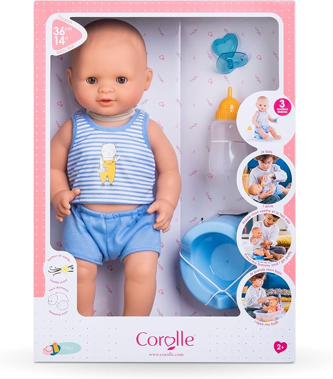 Corolle Drink and Wet Bath Baby Paul - 14” Boy Baby Doll with 3 Accessories - Bottle, Potty, and Pacifier - Really Drinks and Goes Potty, for Kids Ages 2 Years and up