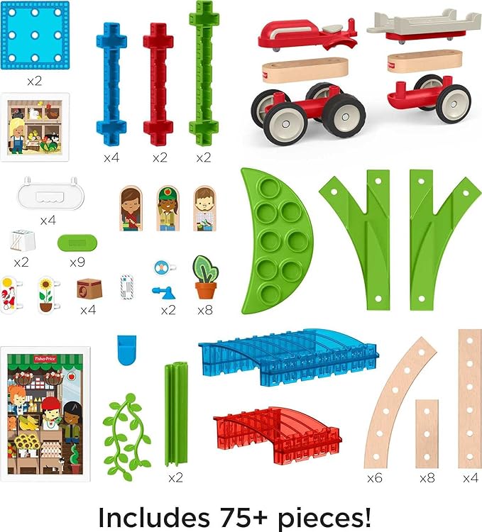 Fisher-Price Wooden Building Toy Wonder Makers Design System Build Around Town Starter Kit, 75 Wood Piece Playset for Preschool Kids Ages 3+ Years