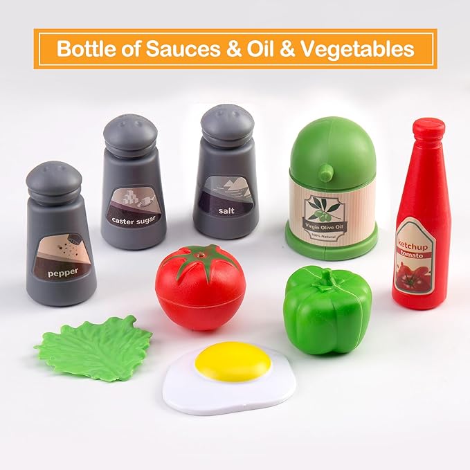 90Pcs Kitchen Playset Accessories, Pretend Cooking with Pots, Pans, Cookware, Food, Fruit, Veges, Color Sorting Baskets, Prop Money, Learning Gift for Girls Boys Toddlers (White)