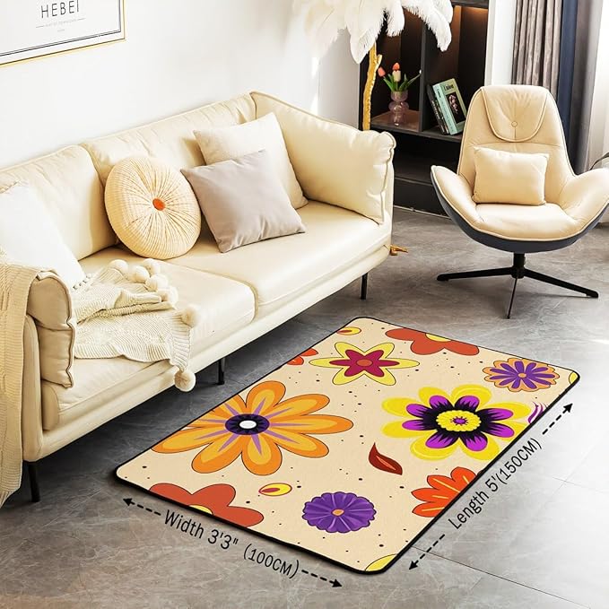 Erosebridal Groovy Flower Power Area Rug 3x5 for Girls,Hippie Aesthetic Vintage Floral Carpet Abstract Geometric Garden Flowers Decorative Rug Psychedelic Hippy Gold Non Slip Rug for Bedroom