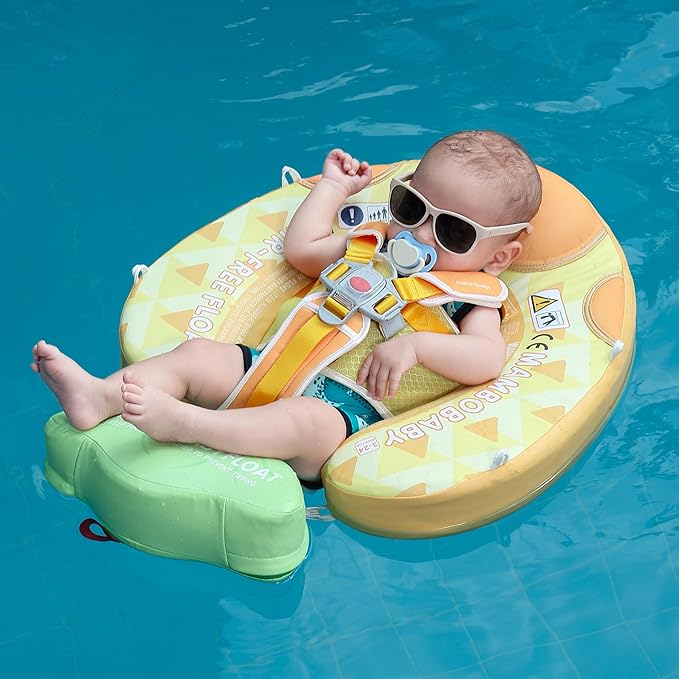 Mambobaby Float Add Tail Baby Swim Float with Canopy Solid Pool Infant Swim Trainer Swimming Training Lying Air Free Water Floats Non-Inflatable Waist Swim Ring for Toddlers (Pineapple)