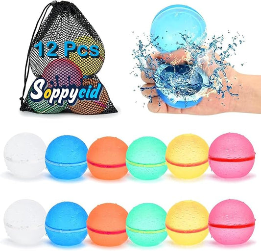98K Reusable Water Balloons 12Pcs with Mesh Bag, Self Sealing Silicone Ball Latex-Free, No Clean Hassle, Easy to Fill, Summer Toys Water Toy Swimming Pool Beach Park Yard Outdoor Games Party Supplies
