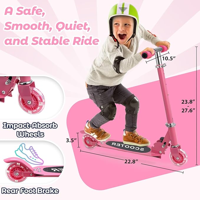 Scooters for Kids 3-5, Kick Scooter Foldable, 2 Wheel Scooter with Fun Light Up Wheels, 24-28 Adjustable Handlebar, Heavy Duty Steel Frame, Outdoor Smooth Riding, Max 90 lb, Girl Birthday Gift