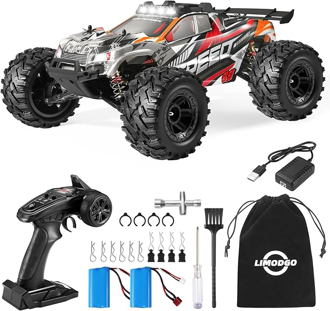 1:10 Large Brush RC Car for Adults, Fast Remote Control Car, 28+ MPH Rc Hobby Truck with Headlights, All Terrain 2.4Ghz Electric Hobby Rc Cars, 4WD Off Road Monster Truck for Adults - Red
