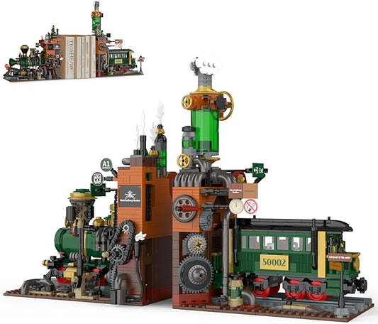 NUTCRACKER Retro Steam Train Building Set, 2 in 1 Medieval Train Station Building Model, Train Book Ends Bookshelf DIY Toy Building Set, Easter Birthday Gift for Adults Boys Girls (1379 Pieces)