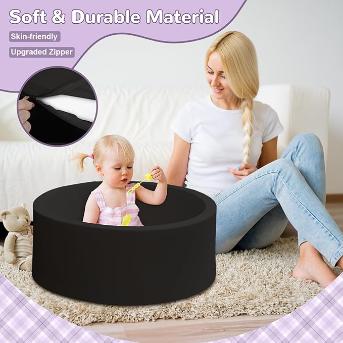 Baby Ball Pit 27.6" Soft Round Memory Foam Ball Pits NOT Included Balls Indoor Outdoor Playpen for Babies Toddlers Kids Great Gift for Girls Boys, Black