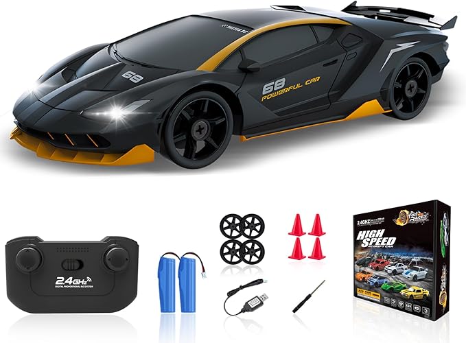RC Drift Car, 1/24 4WD Remote Control Car with LED Light, Two Rechargeable Batteries and Drift Tires for Kids, Boys, Girls and Adults