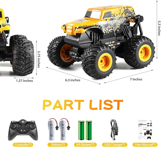 Remote Control Car, 2.4Ghz All Terrain Monster Truck Toys, RC Truck with Music, 3 Lighting Effects, 360 Stunt Capable, All Included Ready to Run, Toy Gifts for Boys and Girls (Yellow)