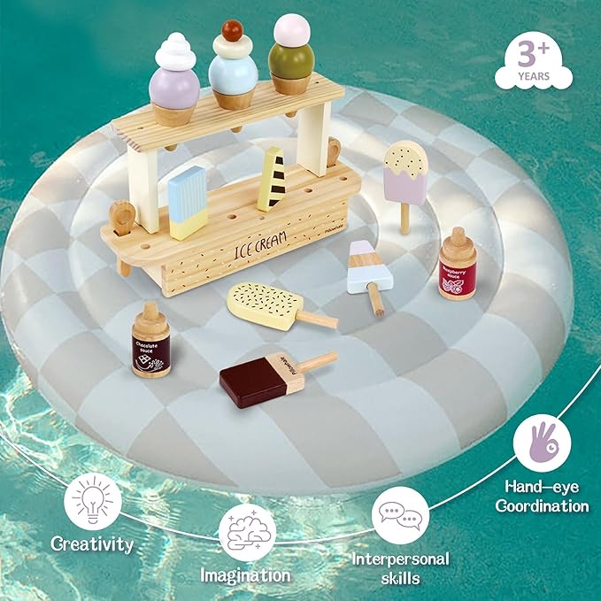 Wooden Ice Cream Toy, Pretend Play Food Toys, Ice Cream Counter Set for Kids, Kitchen Accessories for Toddlers Girls Boys Ages 3+