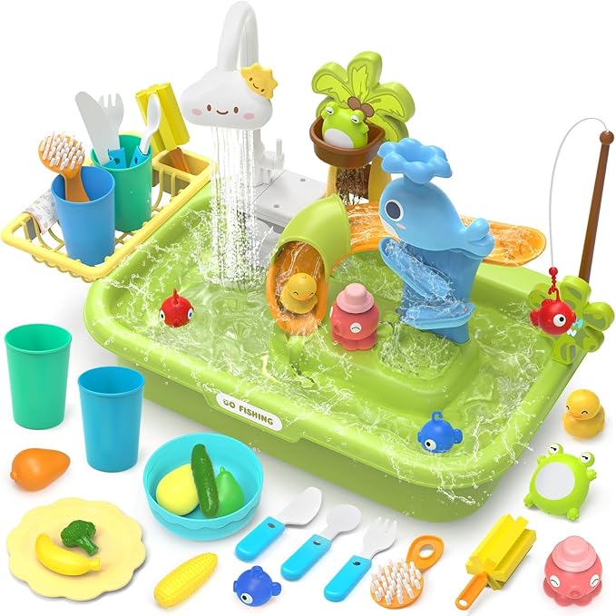 Play Sink with Running Water, 4-in-1 Kids Kitchen Sink Toys with Electric Faucet, Water Table Floating Pool Toy w/Fishing Game, Duck Slide, Pretend Play Dishwasher Set for Toddler Boys Girls (Green)