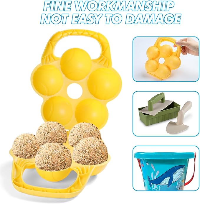 Beach Toys, 6 Piece Kids Indoor Outdoor Play Set with Bucket, Brick Mold, Sandball Maker, Beach Chases Travel Sand Toys for Ages 3-8, Sand Castle Building kit Backyard Fun