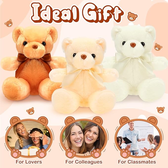 HyDren 6 Pcs Bear Stuffed Animal Plush Toys Soft Plush Dolls Bear Sleeping and Playing Toys for Baby Shower Decoration Boy(Short Plush,Dark Brown, Brown, Beige)