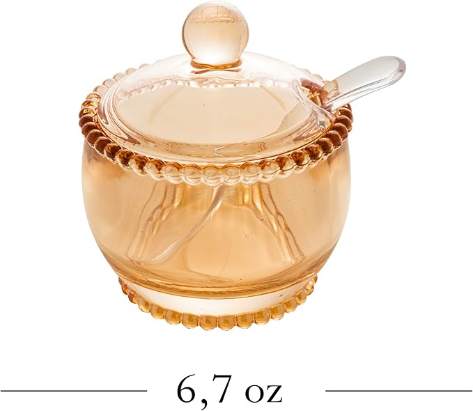 WOLFF - Pearl Crystal Beaded Sugar Bowl with Lid and Spoon - Sugar Holder, Dish for Candy Dispenser, Jelly Jar (Amber, Sugar Bowl)