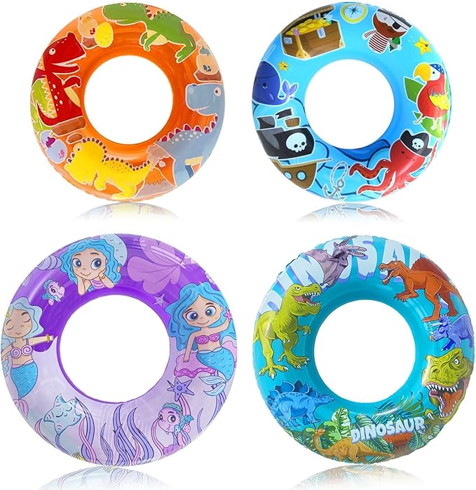 4 Pack Inflatable Pool Floats, 36" & 24" Pool Tubes for All Ages, Unique Dino, Mermaid, Pirate Inner Tube Floaties for Swimming, Swim Ring and Pool Party Toys for Kids 3-5 4-8 8-12, Teens, Adults