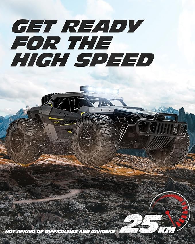 Tecnock RC Truck Car, 20+ KM/H High-Speed 4WD Remote Control Car, 2.4GHz Anti-Interference with Dual LED Headlights, Rechargeable Monster Truck - Ideal Outdoor Backyard Gifts for Boys & Teens