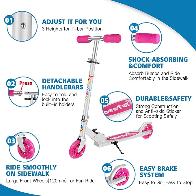 BELEEV V1 Scooters for Kids, 2 Wheel Folding Kick Scooter for Girls Boys, 3 Adjustable Height, Light Up Wheels, Lightweight Scooter with Sturdy Frame, Kickstand for Children 3 to 12 Years Old