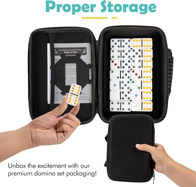 DAILYLIFE Dominoes for Kids, Double 6 Dominoes Set with 4 Wooden Racks/Trays, Double Six Dominoes Set with Portable Case, 28 Tiles Dominos Set for Family Board Games