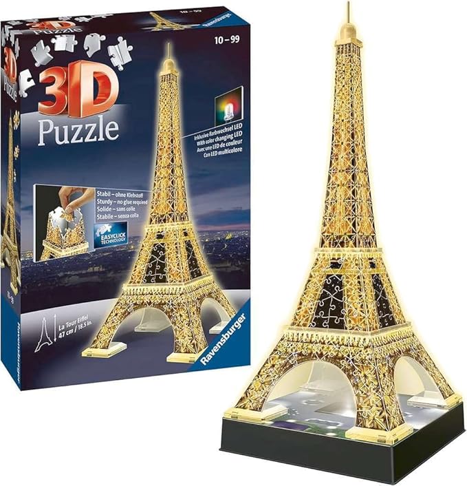 Ravensburger Eiffel Tower - Night Edition | 216-Piece 3D Jigsaw Puzzle for Kids and Adults | Precision Fit with Easy-Click Technology | Displayable & Durable Model | Over a Century of Quality