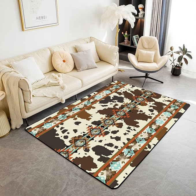Erosebridal Cowhide Area Rug 4x5, Brown Highland Cow Print Rug, Western Non Slip Exotic Aztec Carpet for Bedside, Farmhouse Wild Animals Longhorn Skin Cowboys for Men