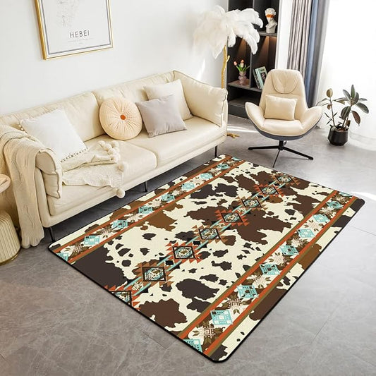 Erosebridal Cowhide Area Rug 4x5, Brown Highland Cow Print Rug, Western Non Slip Exotic Aztec Carpet for Bedside, Farmhouse Wild Animals Longhorn Skin Cowboys for Men