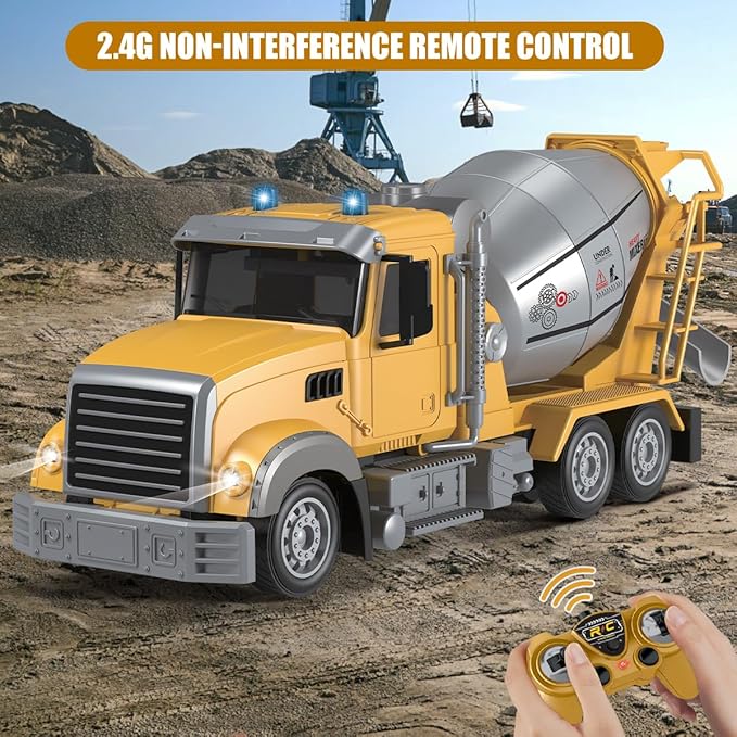 Fistone RC Cement Mixer Toy, 6 Channel Truck With Lights, 1:24 Electric 360 Degree Stirring Vehicle, Rechargeable Construction Truck for Kids
