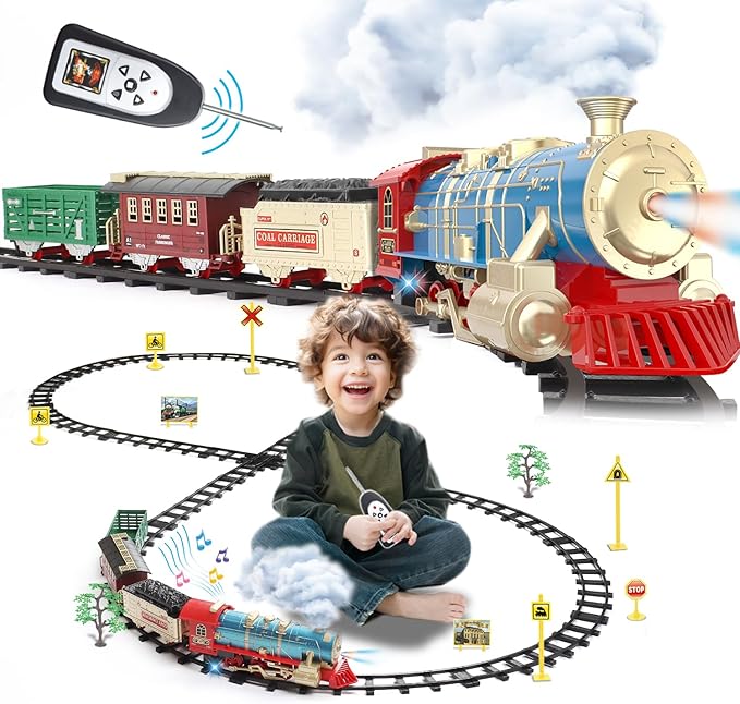 JUQU Train Set for Boys -Remote Control Train Toys-Electric Train w/Smokes, Steam Locomotive w/Lights & Sound, Cargo Car and Tracks, Rechargeable Battery Christmas Toy Train for Age 3 4 5 6 7 8+ Kids