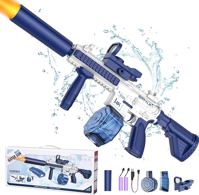 Electric Water Gun,Watergun with Muzzle Light,Automatic Squirt Gun Long Range Blaster Up to 32 FT,Outdoor Party Shooting Game Toy with 2 Water Tanks & 2 Batteries,Ideal Summer Gift for Kids & Youths.