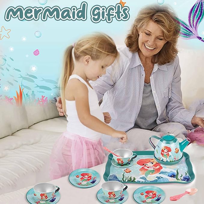 Mermaid Tea Party Set for Little Girls, Kids Party Set Toys for 3 4 5 6 Year Old Girls, Pretend Toy Tin Tea Set & Carrying Case, Princess Tea Time Kitchen Play Toys, Birthday Gifts for Girls